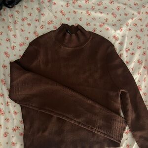 Brown Ribbed Turtleneck Sweater Cropped